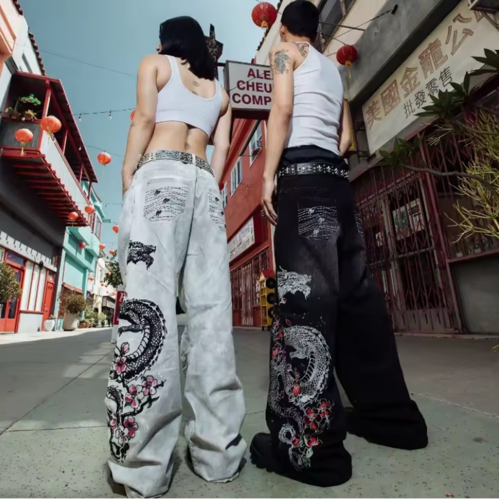 Dragon Embroidered Baggy Jeans